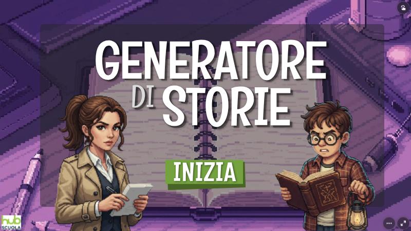 Schermata iniziale del Generatore di storie con due personaggi illustrati ai lati del titolo
